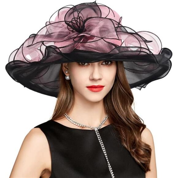 Derby Hats for Women, Classy Organza Sun Hat, Pink Black main image 4